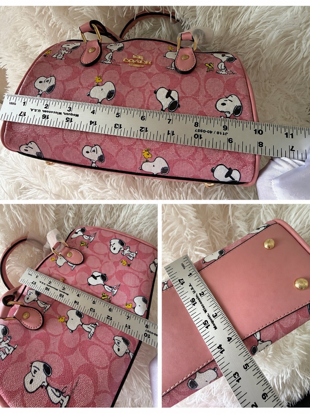 Fashion bag!!Pink Snoopy Print Satchel Bag with Crossbody Strap & Cherry Charm - Picture 11 of 12